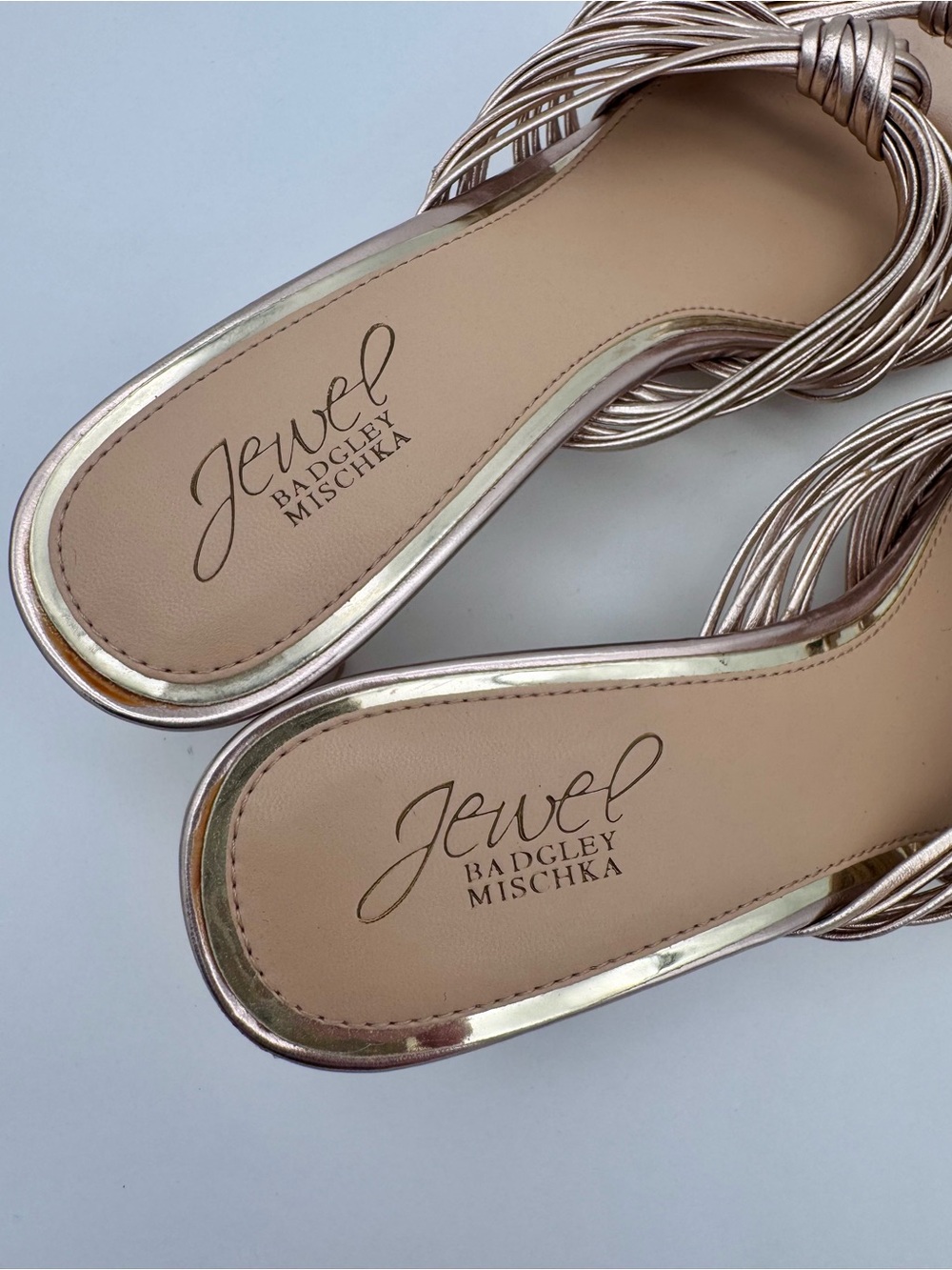 Jewel Badgley Mischka Cheryl Metallic Leather Block Heel Sandals Rose Gold 8 - Picture 7 of 15